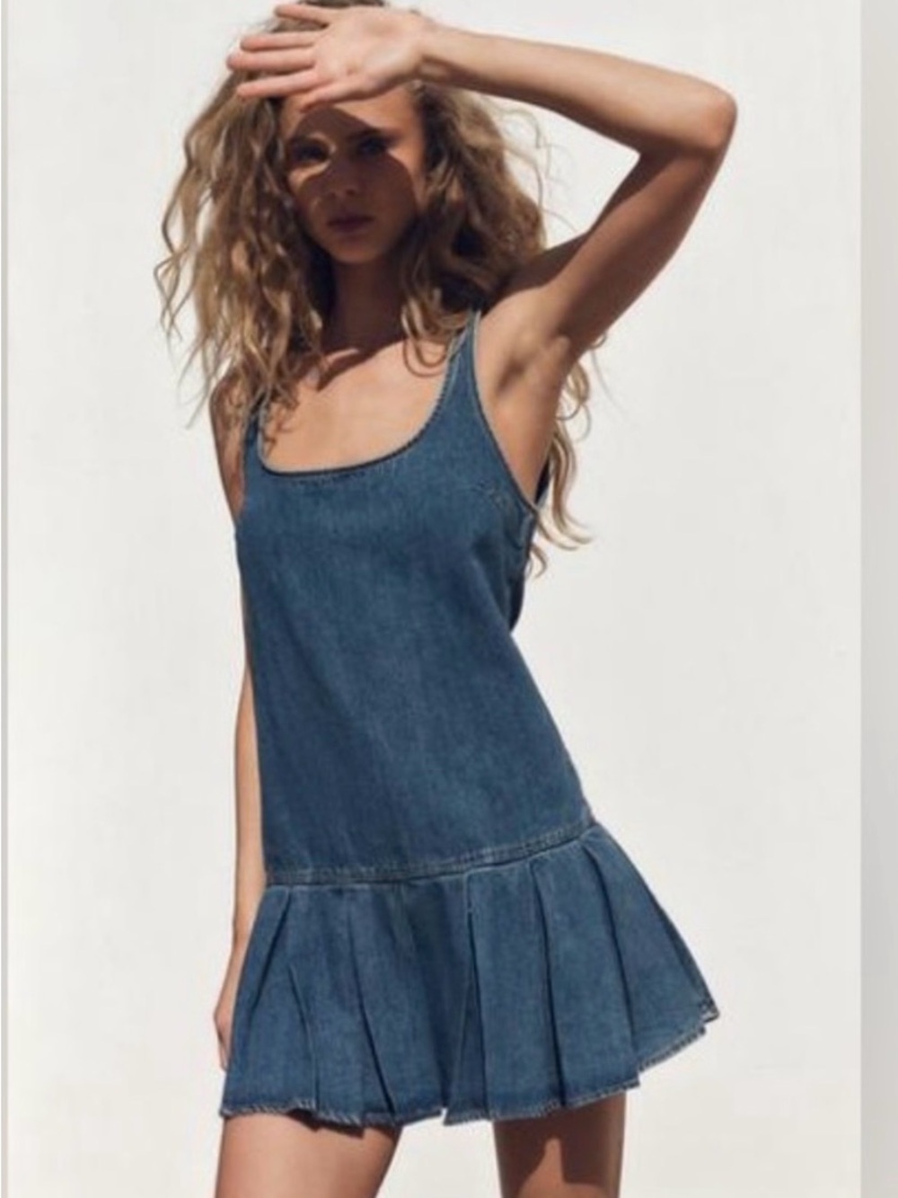 ZARA Denim Mini Dress with Pleated Hem - Blue SIZE XS